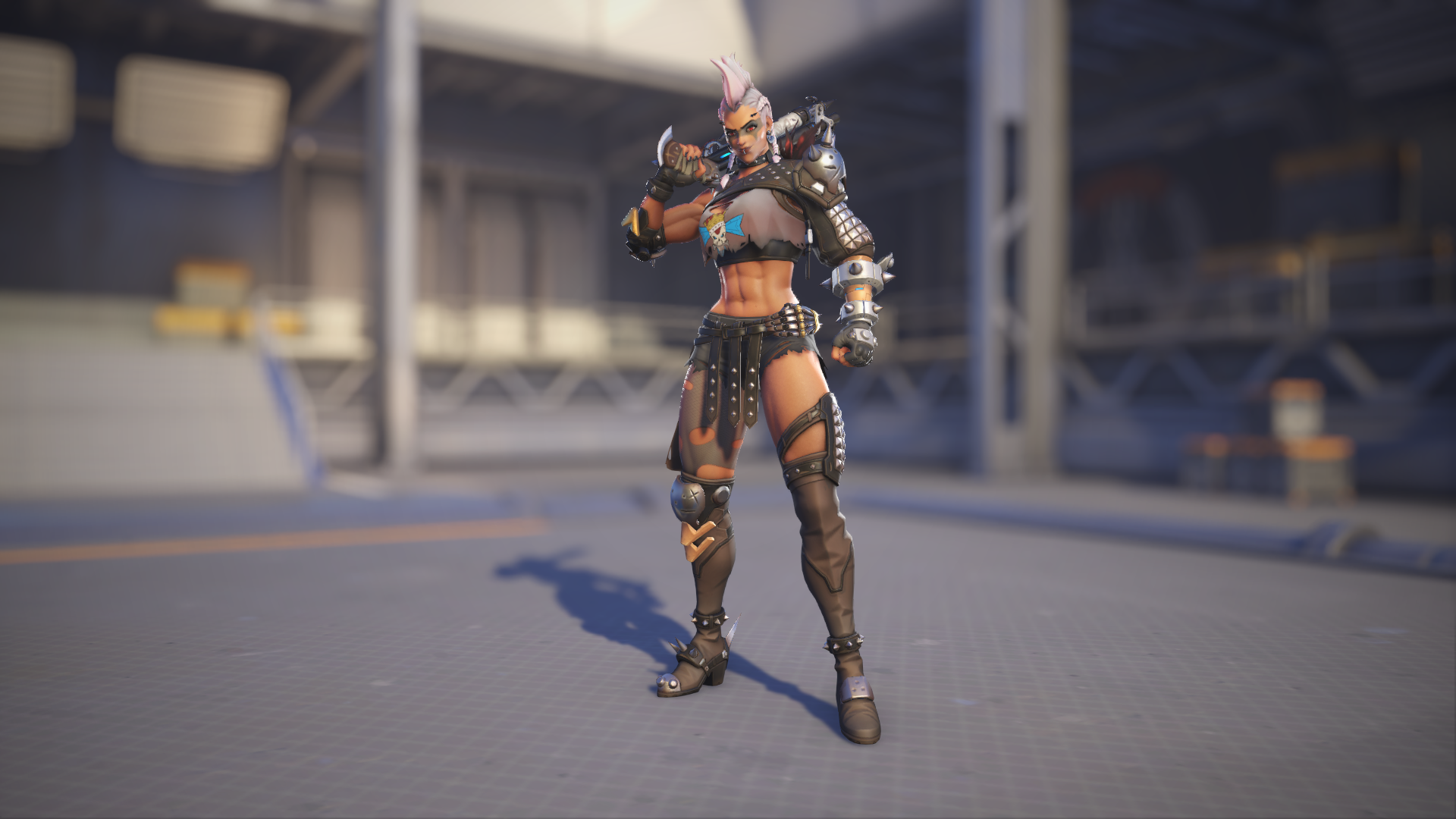 Junker Queen models her Plutonium skin in Overwatch 2.