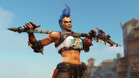 Junker Queen, a hero in Overwatch 2, poses in front of the camera, both arms gripping the axe resting on her back.