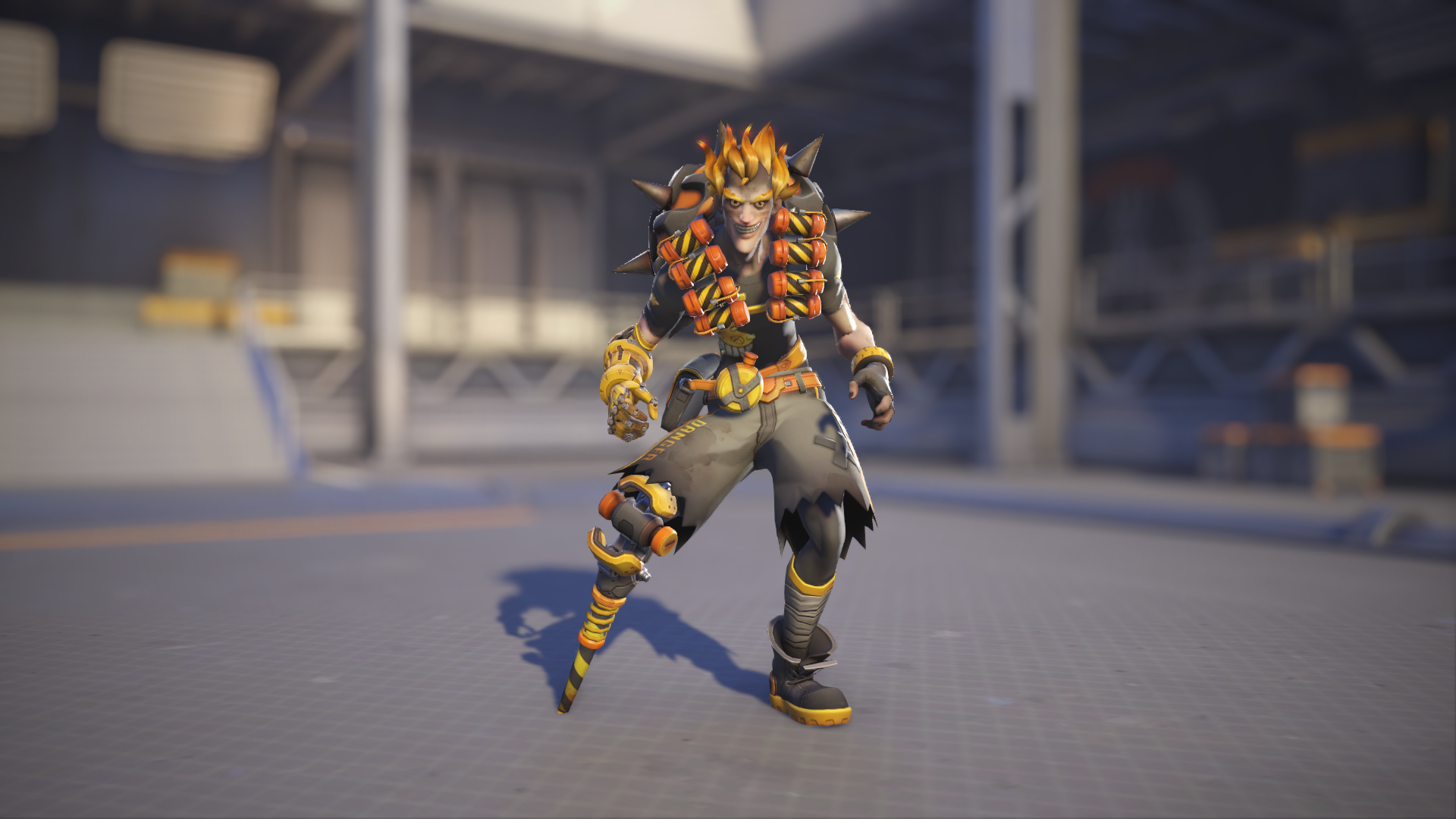 Junkrat models his Caution skin in Overwatch 2.