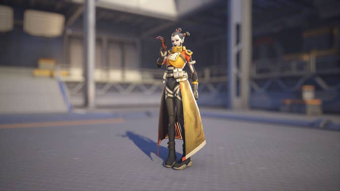 Kiriko models her Hinotori skin in Overwatch 2.