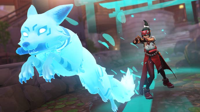 Kiriko, a hero in Overwatch 2, sends her spirit fox bounding out towards the camera.