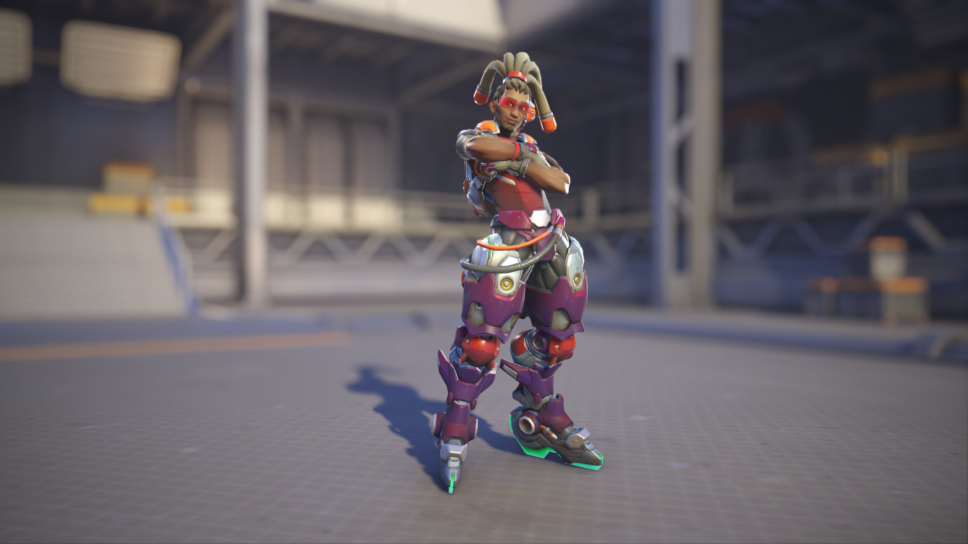 Lúcio models his Vermelho skin in Overwatch 2.