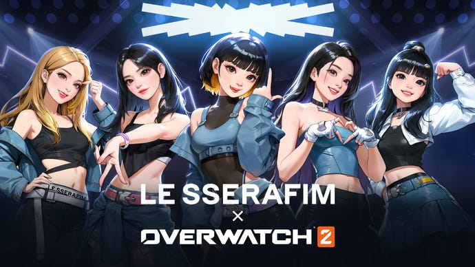 A teaser image for Le Sserafim's appearance in Overwatch 2, showing cartoon versions of the K-pop group's five members