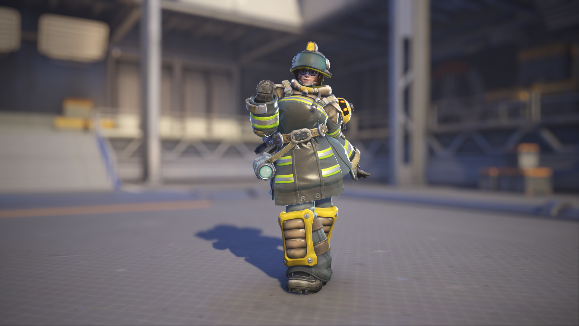Mei models her Firefighter skin in Overwatch 2.