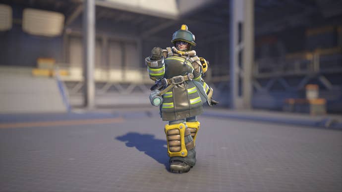 Mei models her Firefighter skin in Overwatch 2.