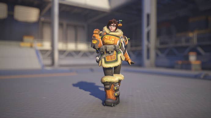 Mei models her Pumpkin skin in Overwatch 2.