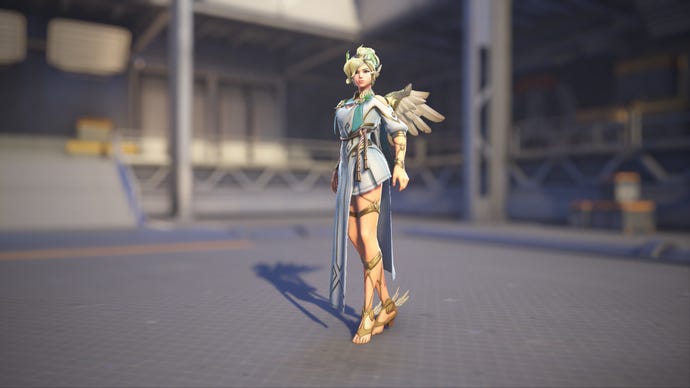 Mercy models her Winged Victory skin in Overwatch 2.