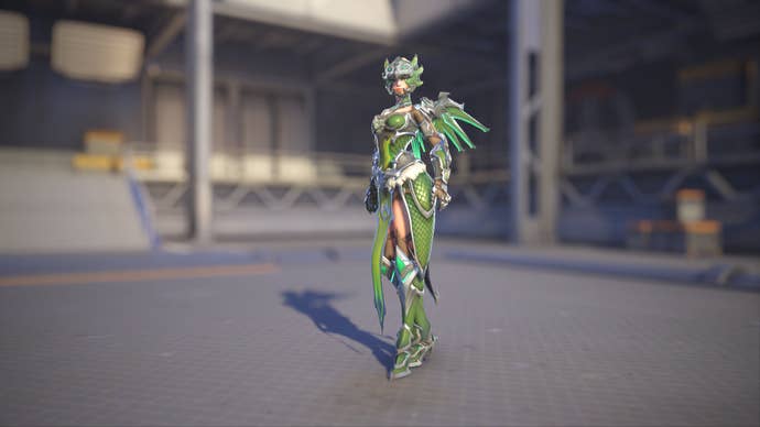 Mercy models her Dragoon skin in Overwatch 2.