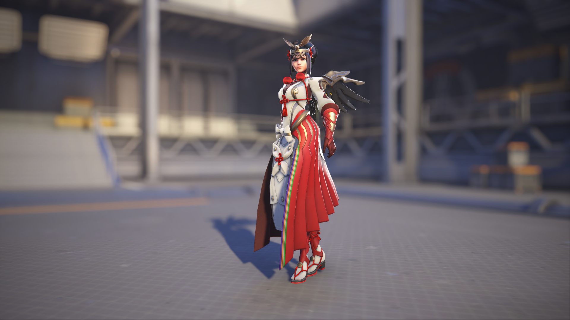 Mercy models her Miko skin in Overwatch 2.