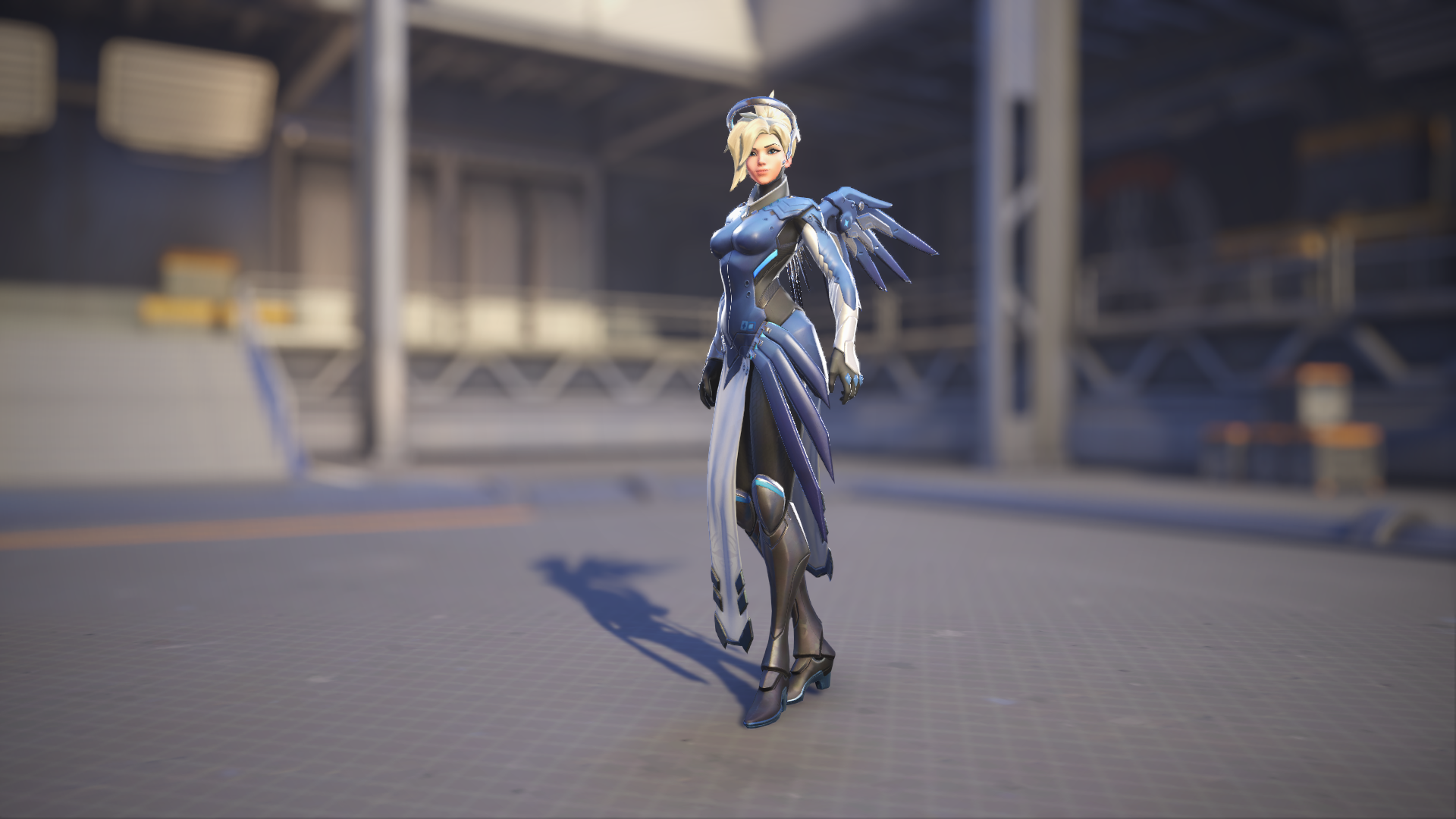Mercy models her Cobalt skin in Overwatch 2.