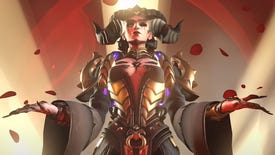 Overwatch 2's Moria poses with hands outstretched dressed in her Season 7 skin of Lilith from Diablo 4