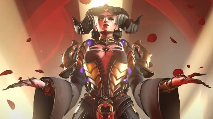 Overwatch 2’s Moria poses with hands outstretched dressed in her Season 7 skin of Lilith from Diablo 4