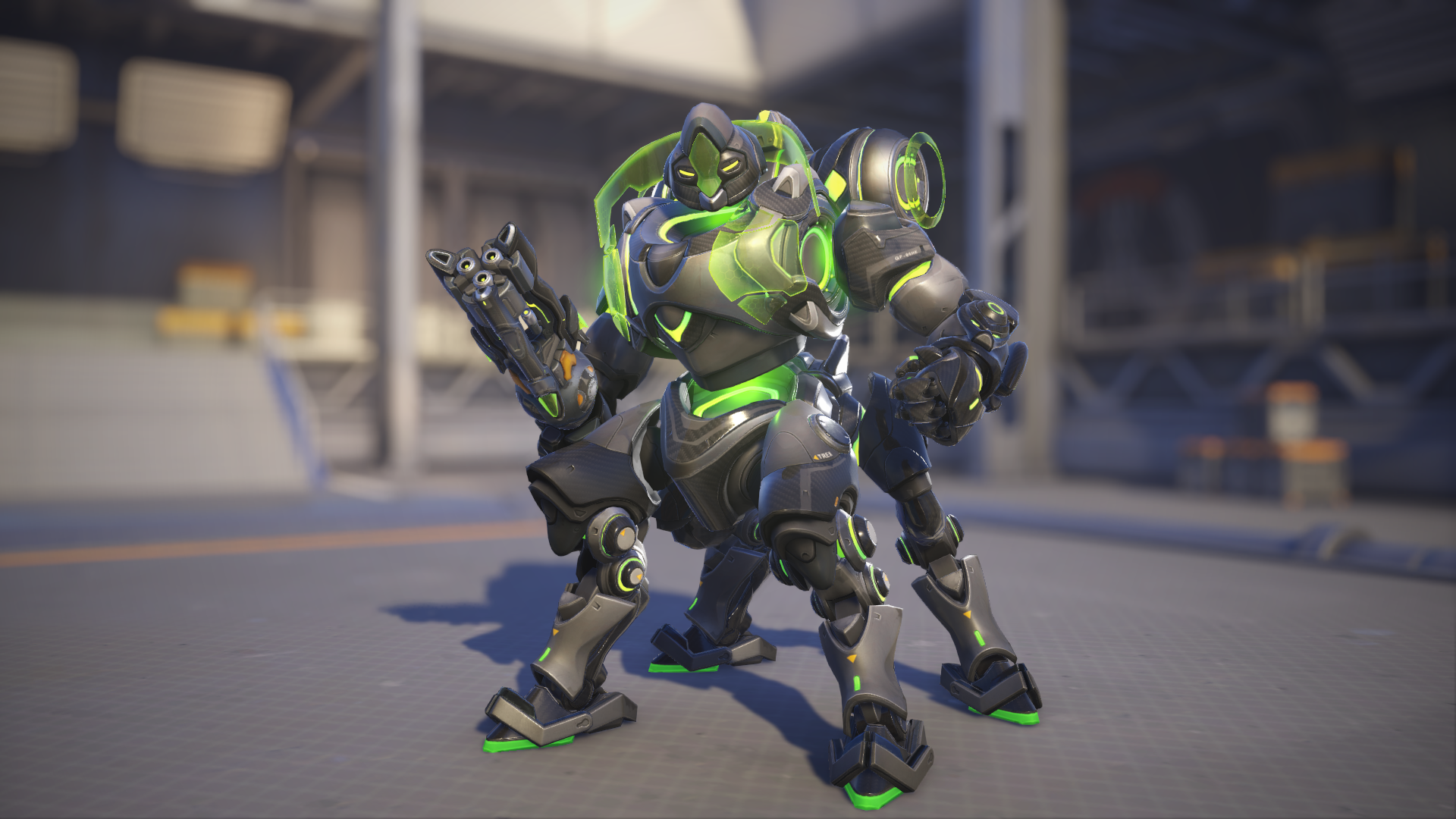 Orisa models her Carbon Fiber skin in Overwatch 2.