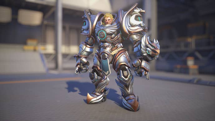 Reinhardt models his Crusader skin in Overwatch 2.