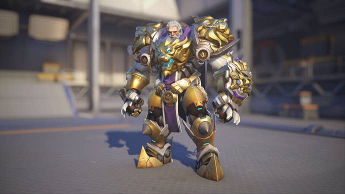 Reinhardt models his Lionhardt skin in Overwatch 2.