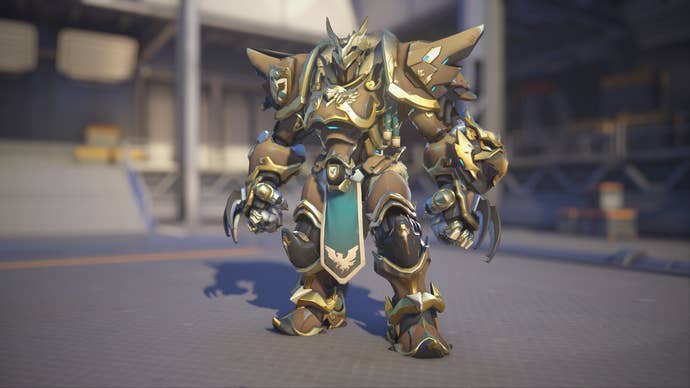 Reinhardt models his Balderich skin in Overwatch 2.