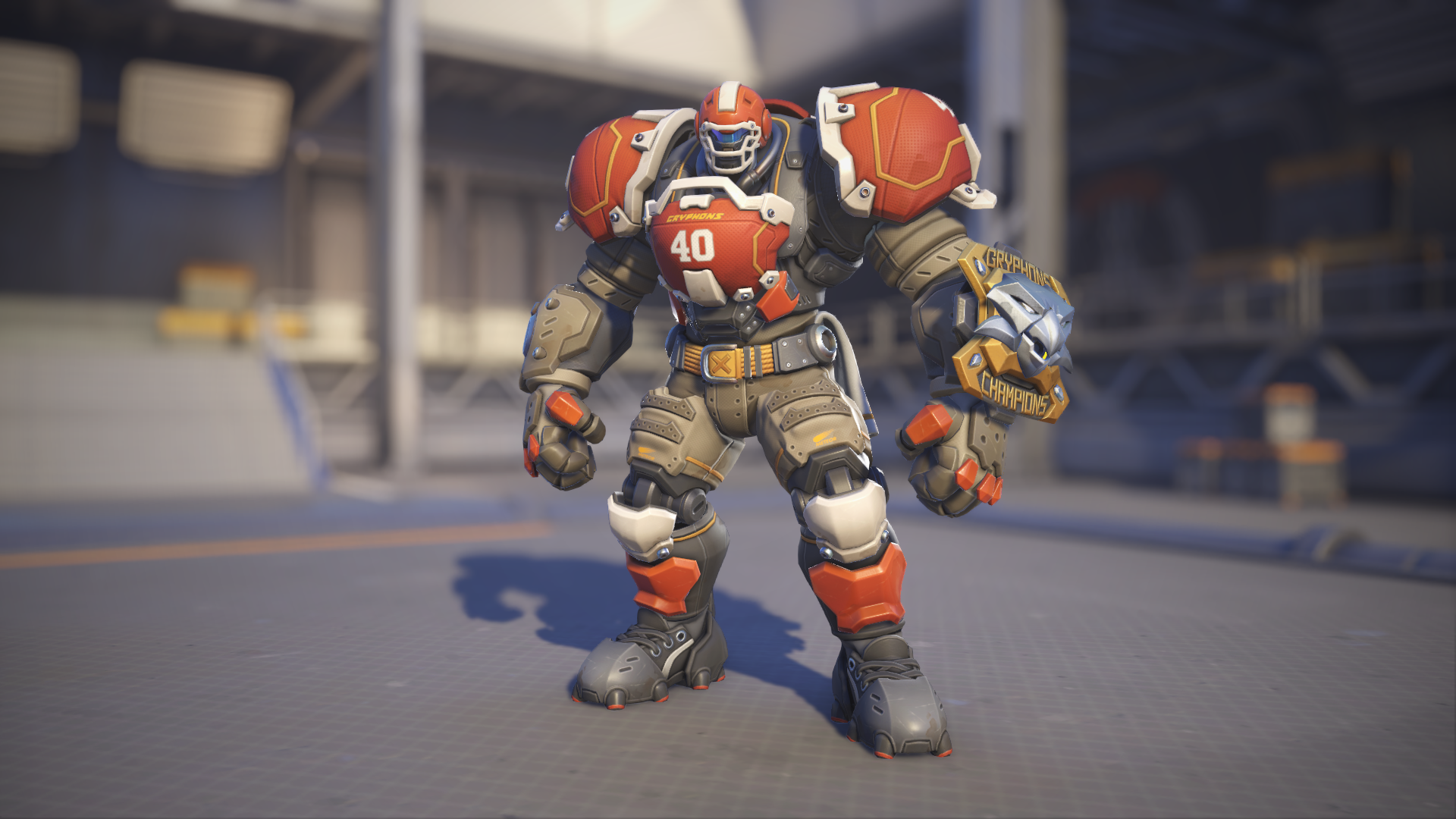 Reinhardt models his Gridironhardt skin in Overwatch 2.