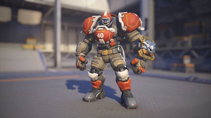 Reinhardt models his Gridironhardt skin in Overwatch 2.