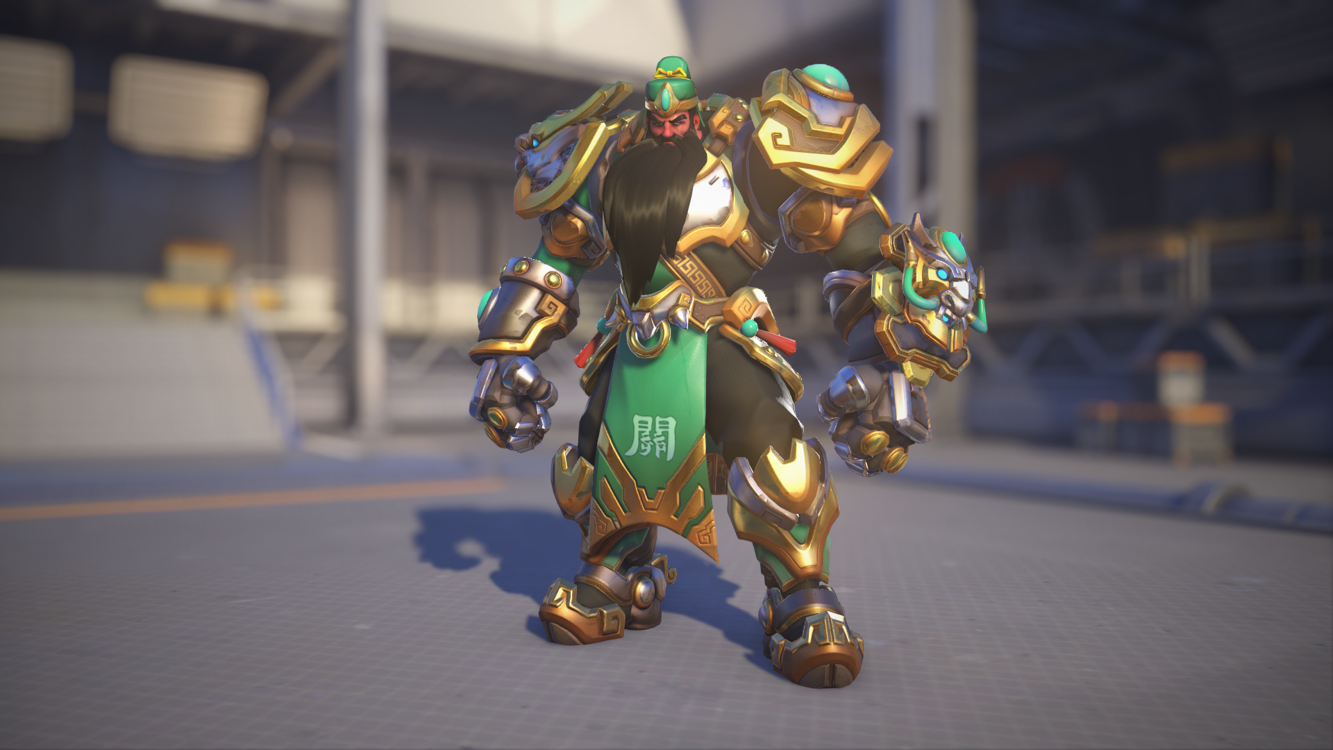 Reinhardt models his Guan Yu skin in Overwatch 2.