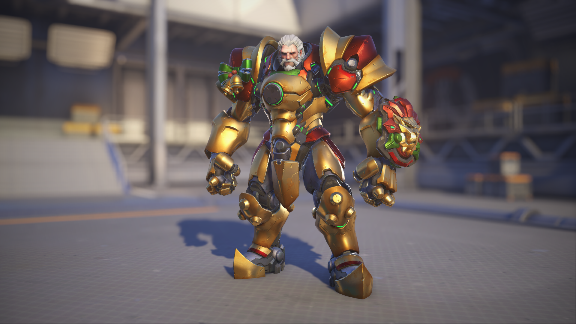 Reinhardt models his Festive skin in Overwatch 2.