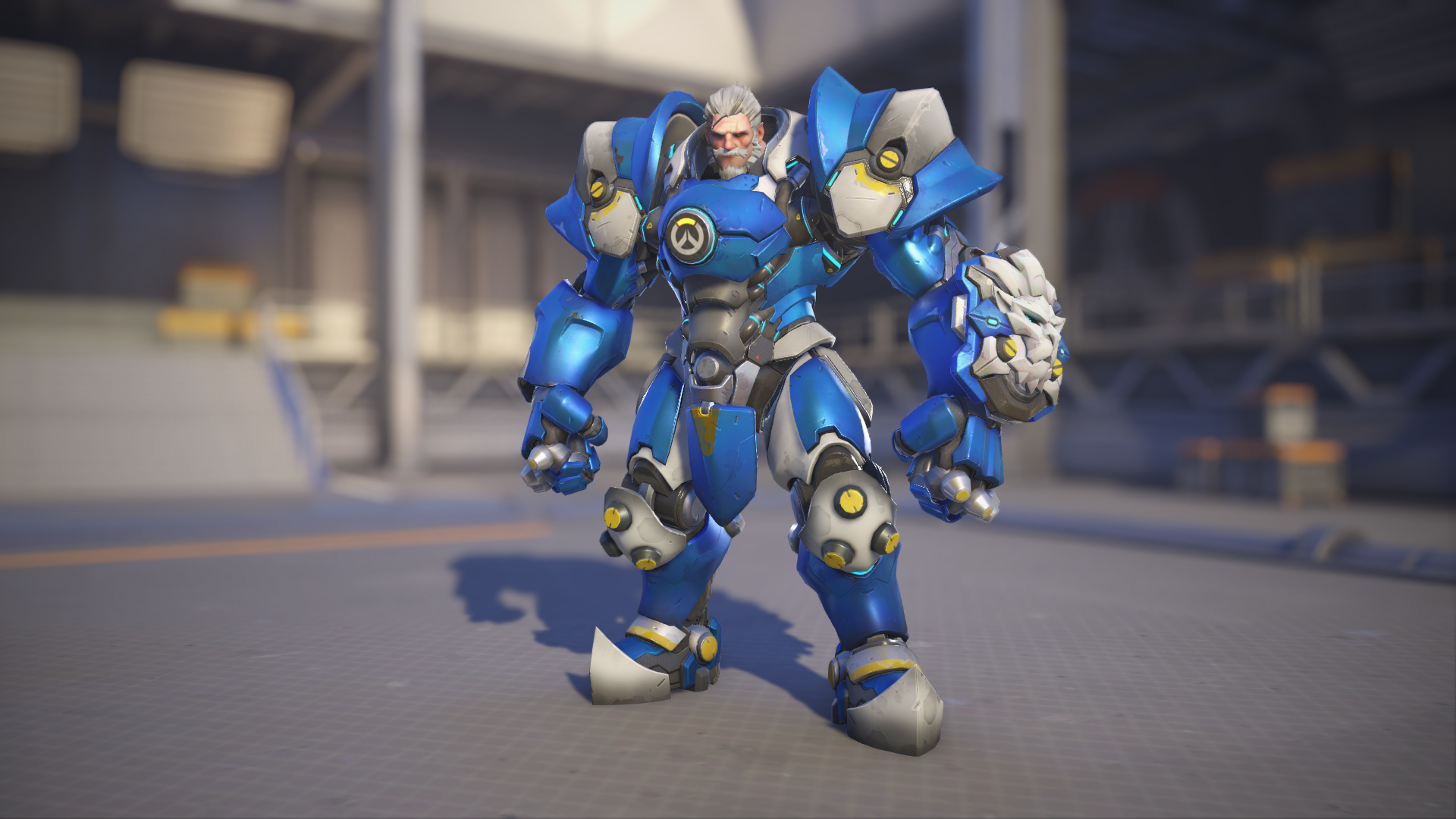 Reinhardt models his Lieutenant Wilhelm skin in Overwatch 2.