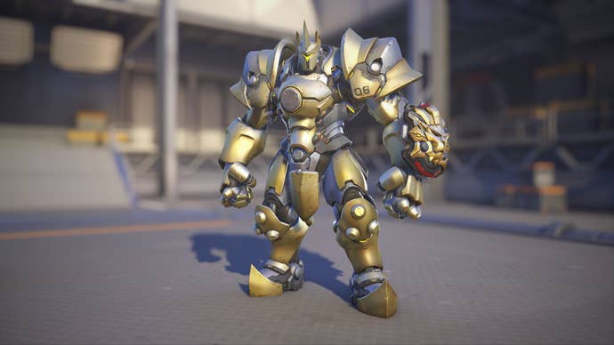 Reinhardt models his Brass skin in Overwatch 2.