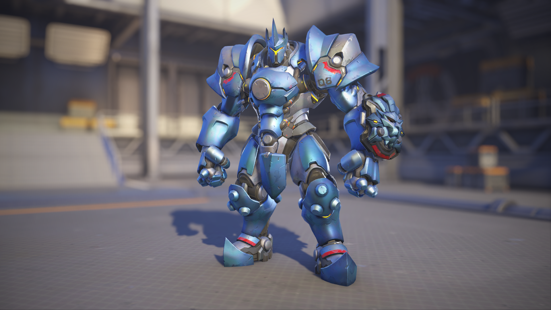 Reinhardt models his Cobalt skin in Overwatch 2.