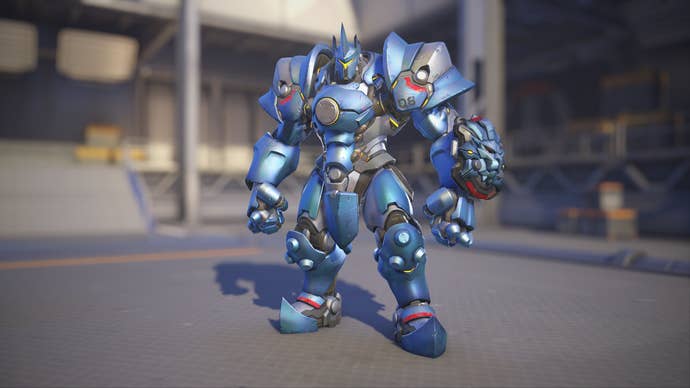 Reinhardt models his Cobalt skin in Overwatch 2.