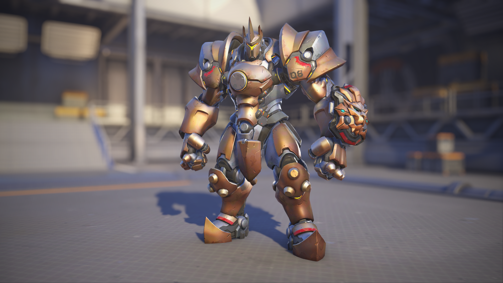 Reinhardt models his Copper skin in Overwatch 2.