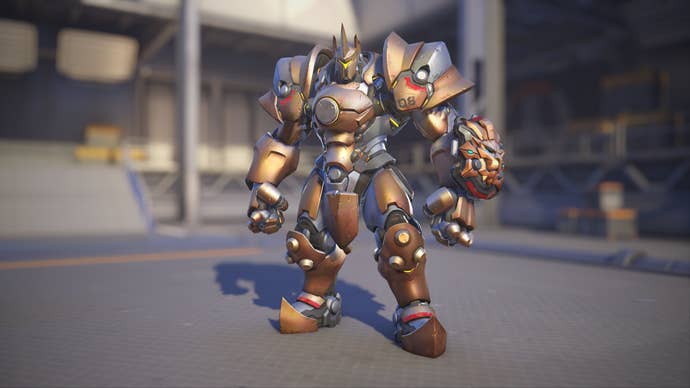 Reinhardt models his Copper skin in Overwatch 2.
