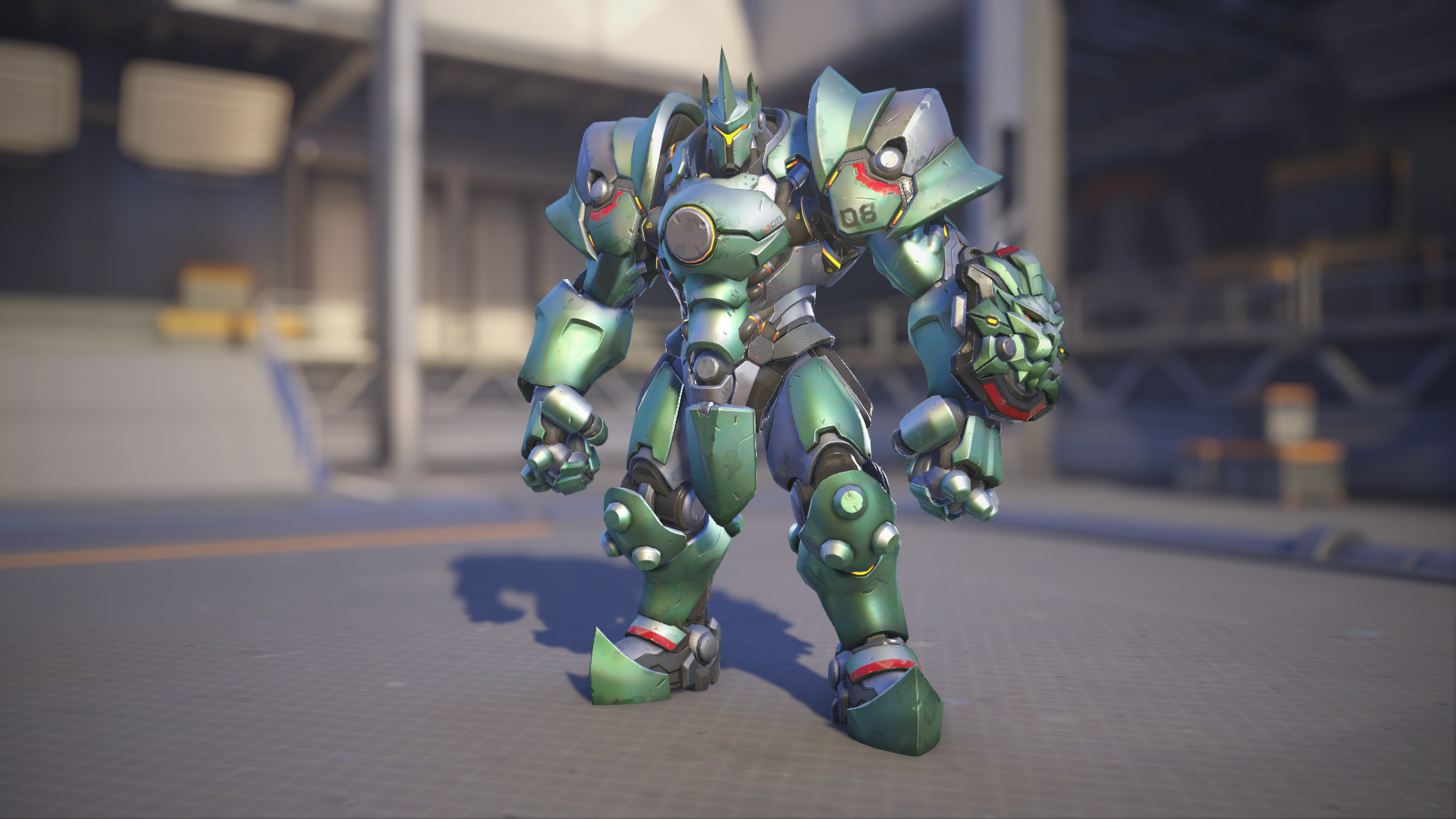 Reinhardt models his Viridian skin in Overwatch 2.