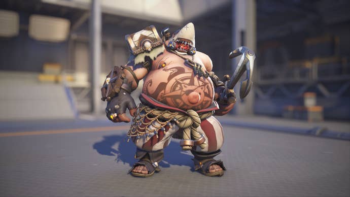 Roadhog models his Sharkbait skin in Overwatch 2.