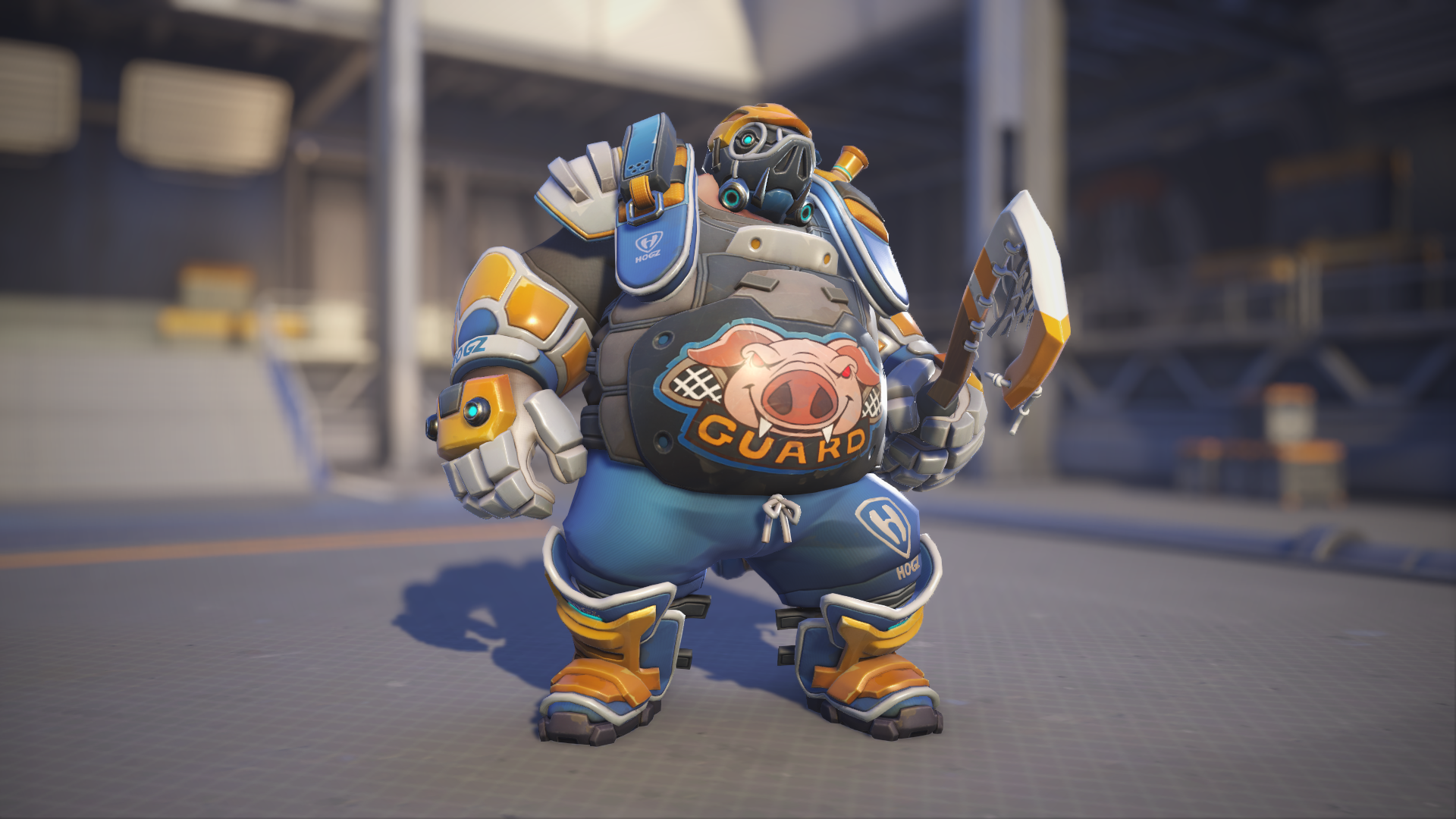 Roadhog models his Lacrosse skin in Overwatch 2.