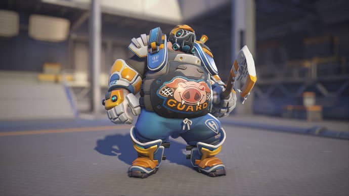 Roadhog models his Lacrosse skin in Overwatch 2.