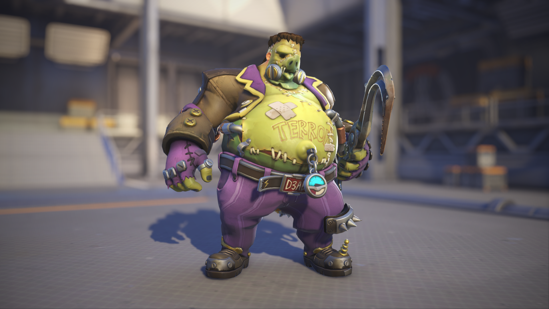Roadhog models his Junkenstein&rsquo;s Monster skin in Overwatch 2.