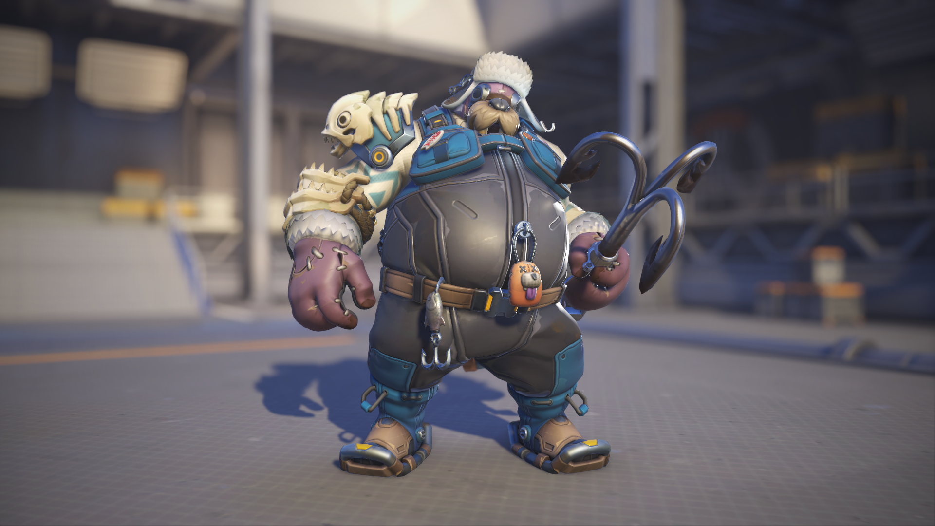 Roadhog models his Ice Fisherman skin in Overwatch 2.