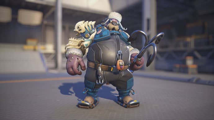 Roadhog models his Ice Fisherman skin in Overwatch 2.
