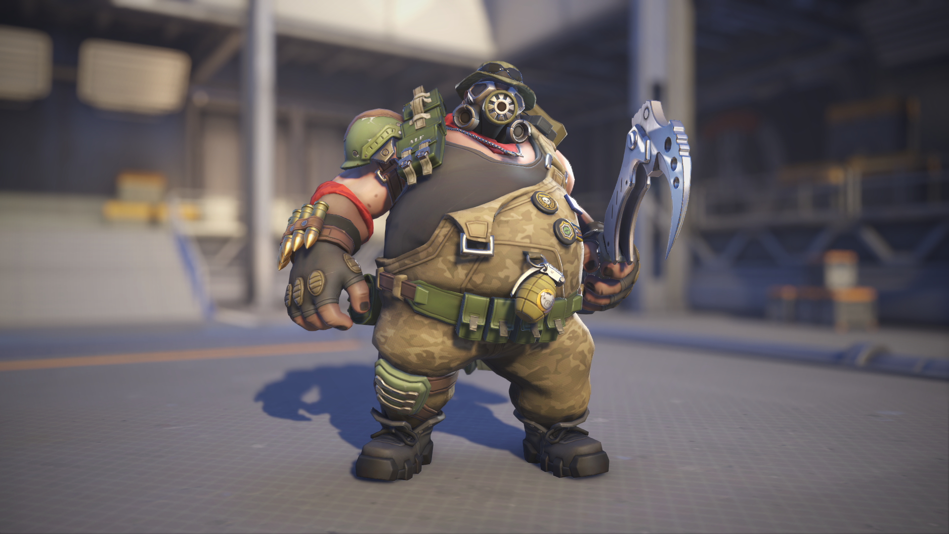 Roadhog models his Militia skin in Overwatch 2.