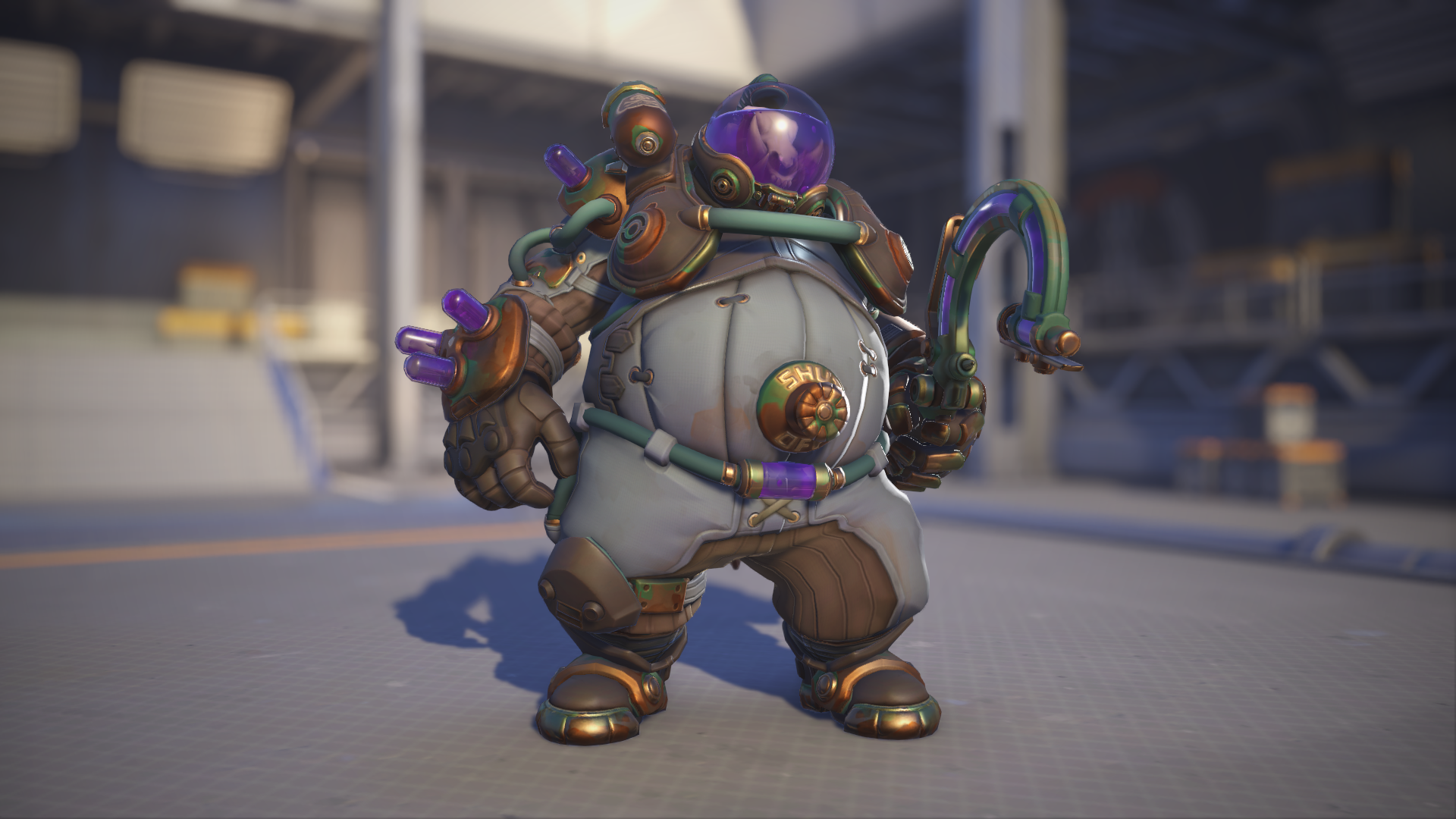 Roadhog models his Noxious skin in Overwatch 2.