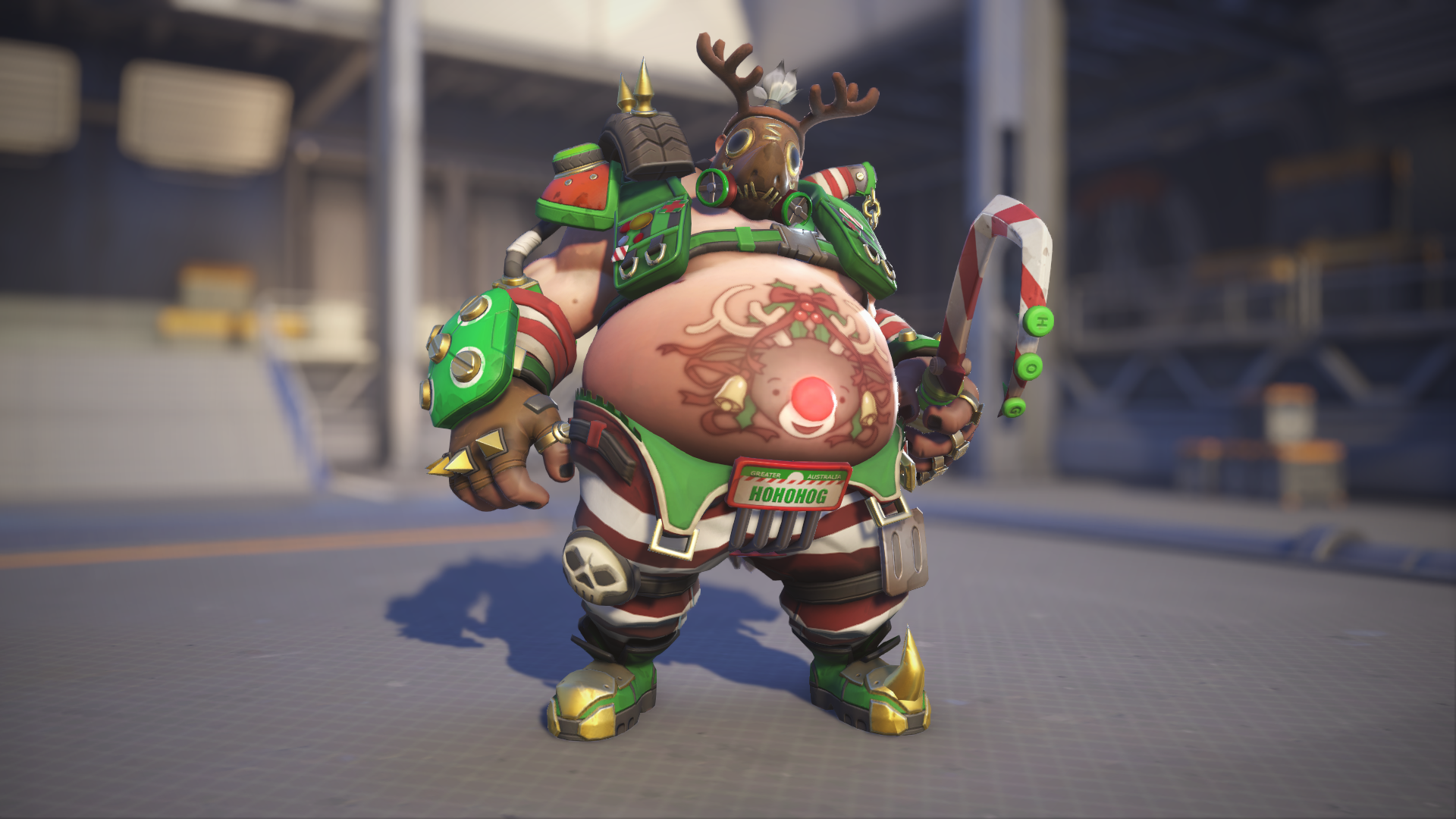 Roadhog models his Rudolph skin in Overwatch 2.