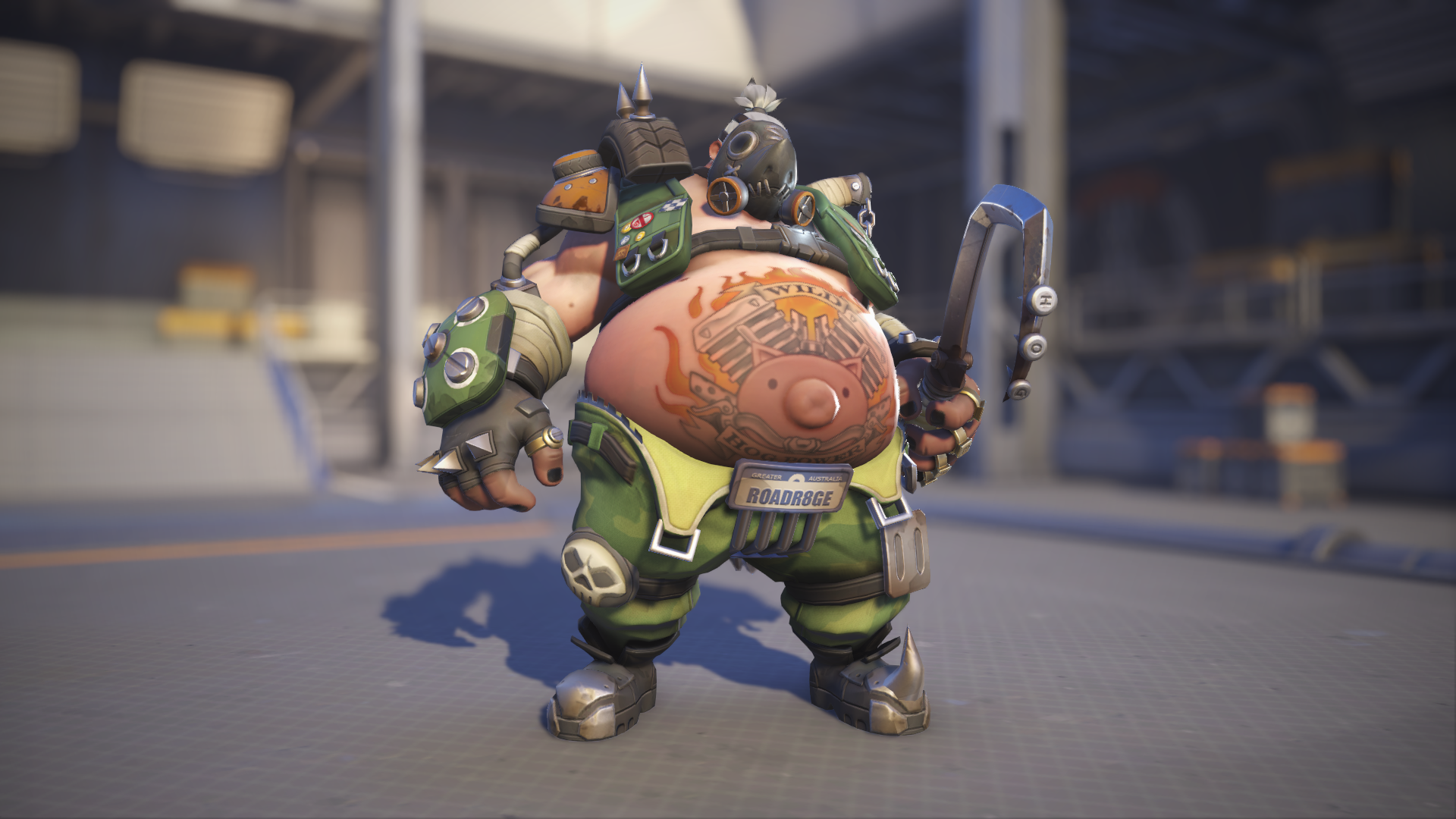 Roadhog models his Kiwi skin in Overwatch 2.
