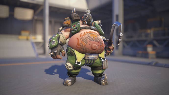 Roadhog models his Kiwi skin in Overwatch 2.