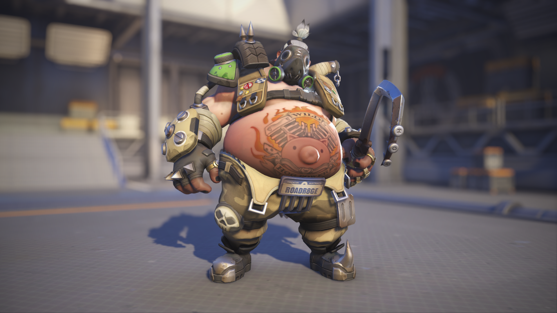 Roadhog models his Sand skin in Overwatch 2.