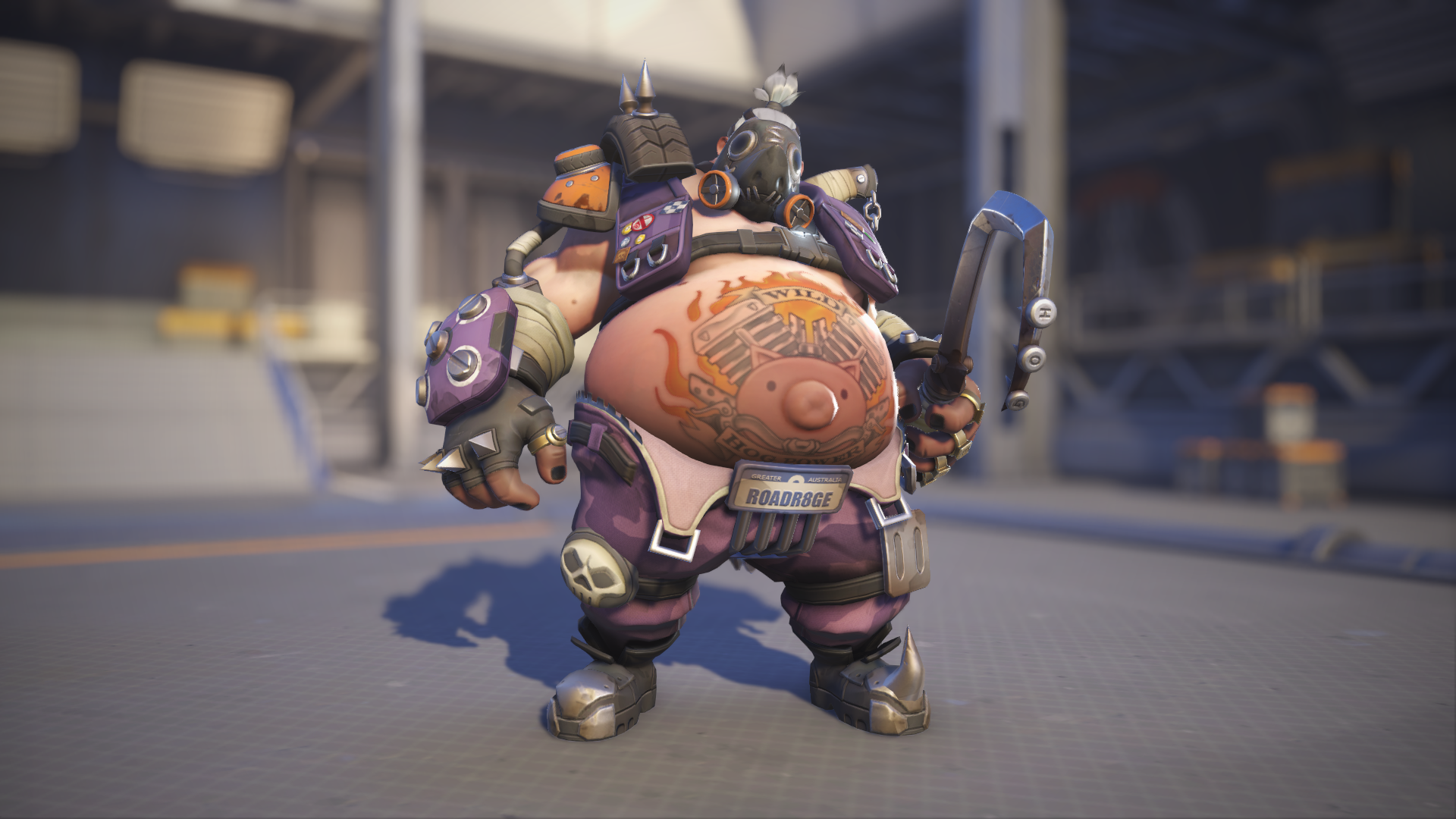 Roadhog models his Thistle skin in Overwatch 2.