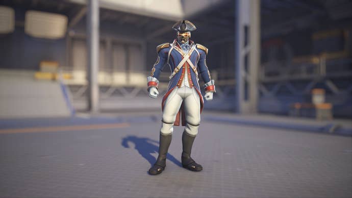 Soldier: 76 models his Soldier: 1776 skin in Overwatch 2.