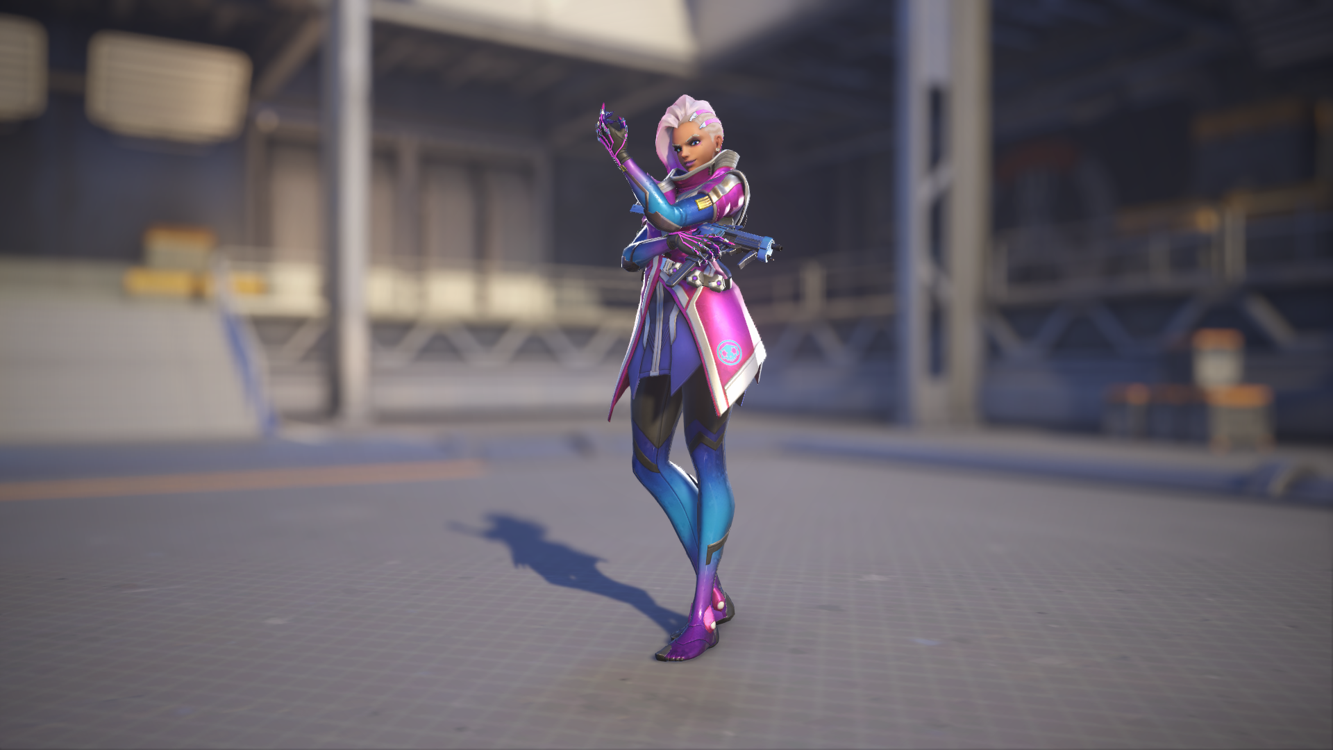 Sombra models her Virus skin in Overwatch 2.