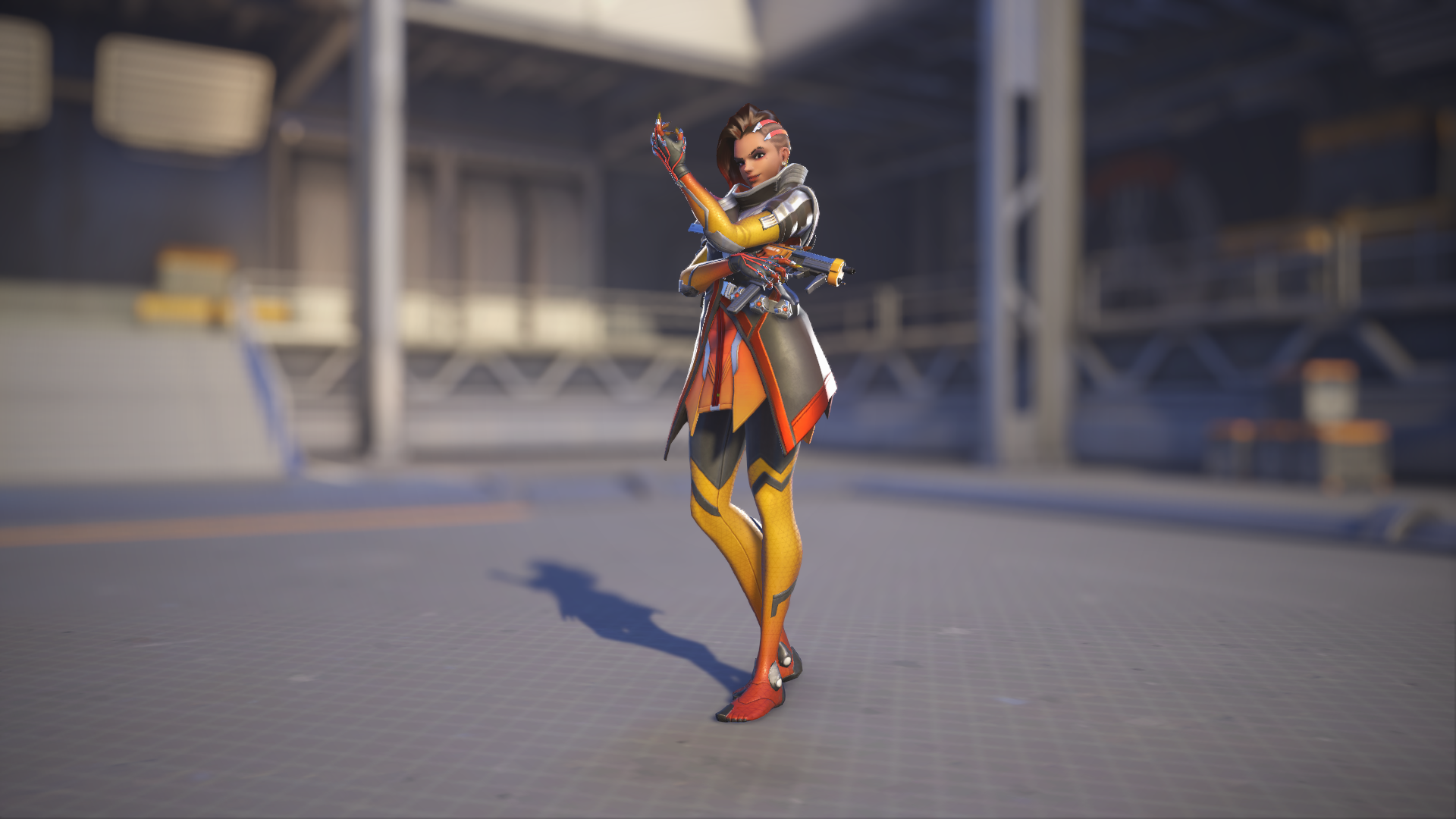 Sombra models her Incendio skin in Overwatch 2.