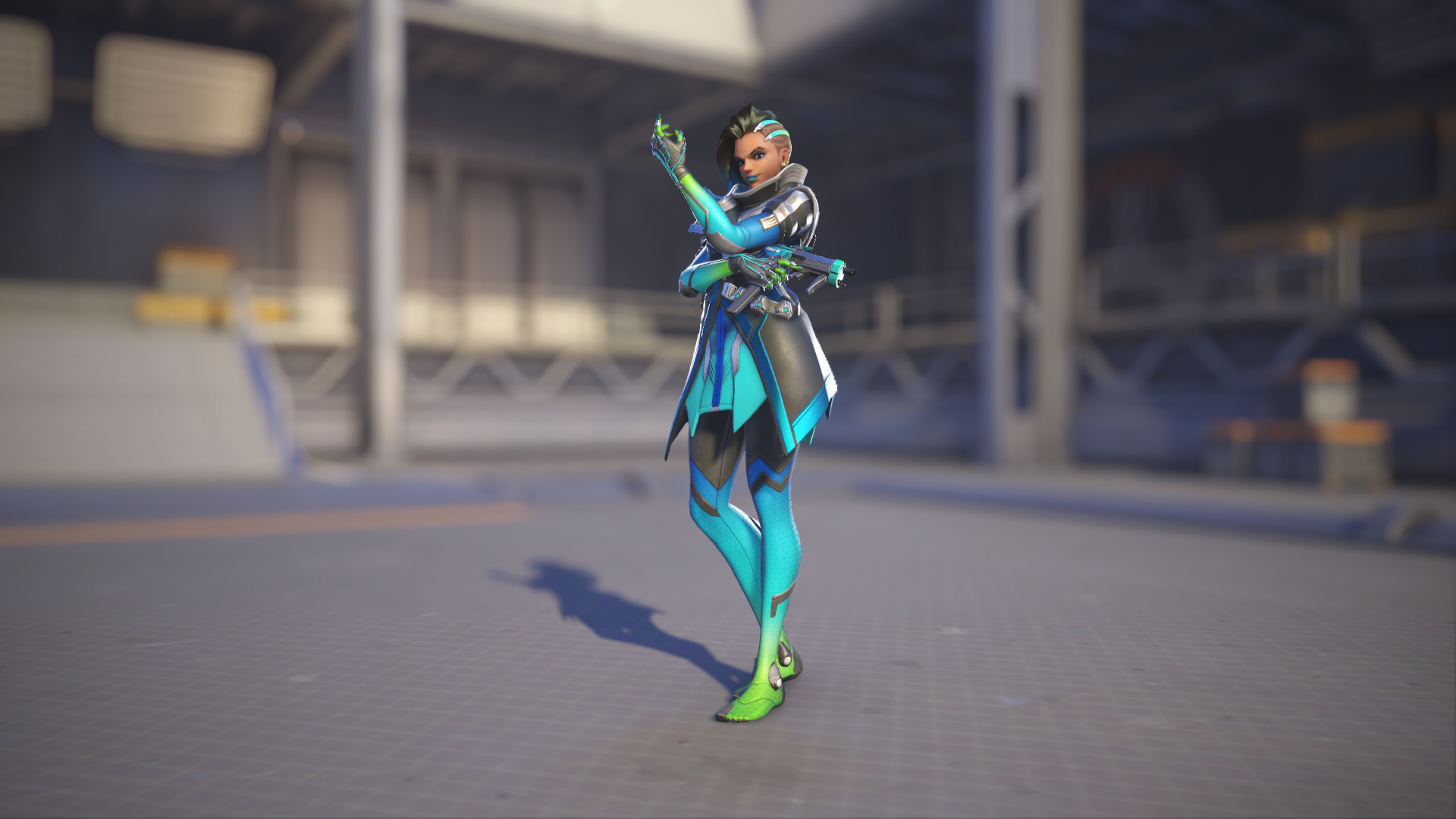 Sombra models her Mar skin in Overwatch 2.