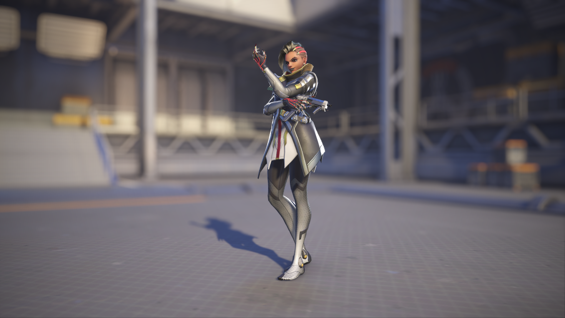 Sombra models her Noche skin in Overwatch 2.