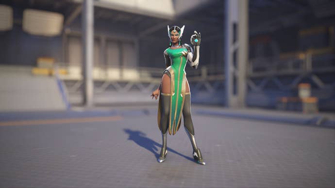 Symmetra models her Cardamom skin in Overwatch 2.